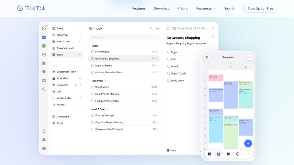 TickTick app lên lịch công việc