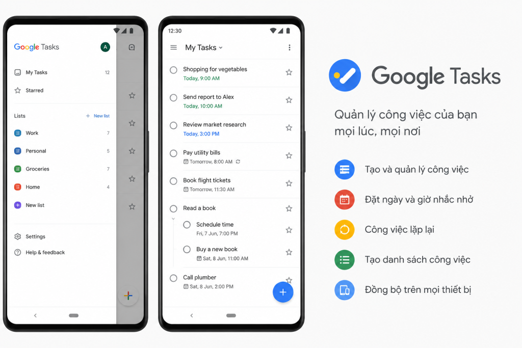 Google Tasks – ứng dụng quản lý công việc với task, subtask và Google Calendar.
