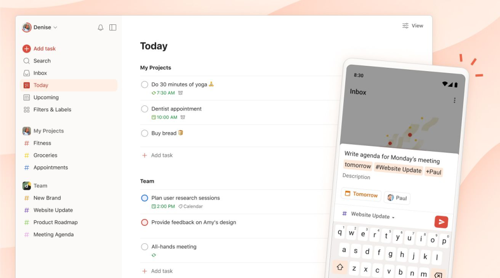 Todoist – ứng dụng quản lý công việc với task, subtask, deadline và mức độ ưu tiên.