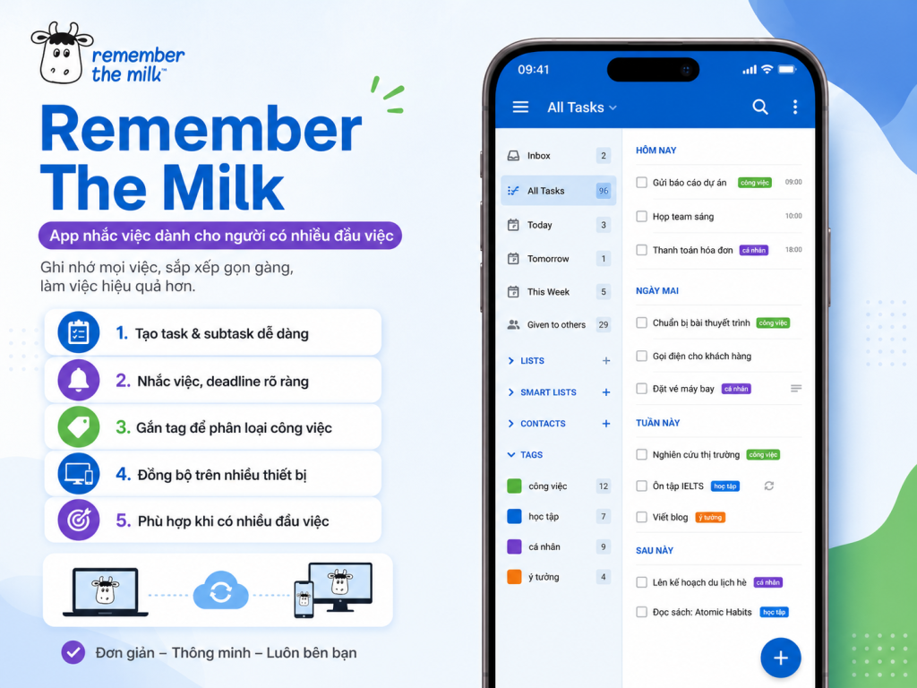 Remember The Milk – app nhắc việc với task, subtask, tag và deadline.