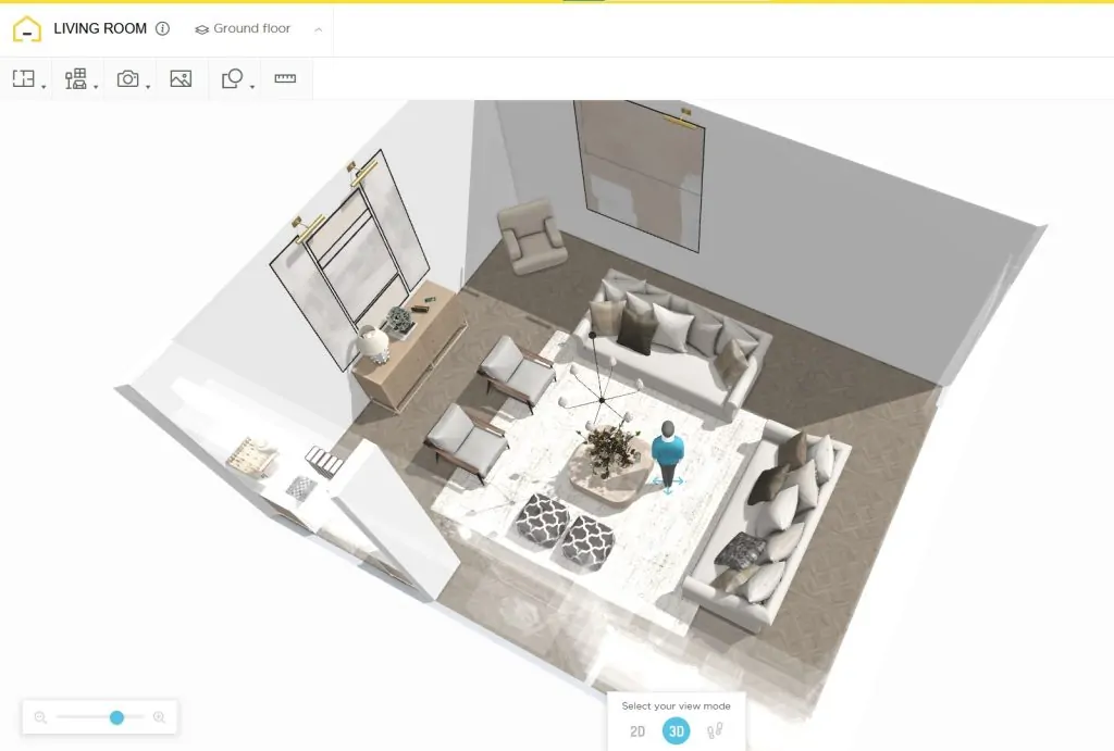HomeByMe home design app arranging a living room, kitchen and 3D furniture