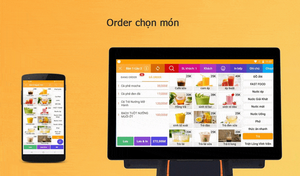Giao diện phần mềm bán hàng PosApp trên điện thoại cho quán ăn