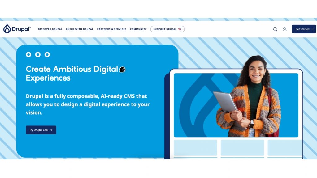 Drupal mã nguồn mở với khả năng bảo mật và tùy chỉnh cao.