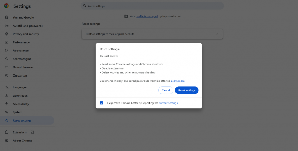 Khôi phục cài đặt Chrome về mặc định để sửa lỗi web và duyệt trang ổn định