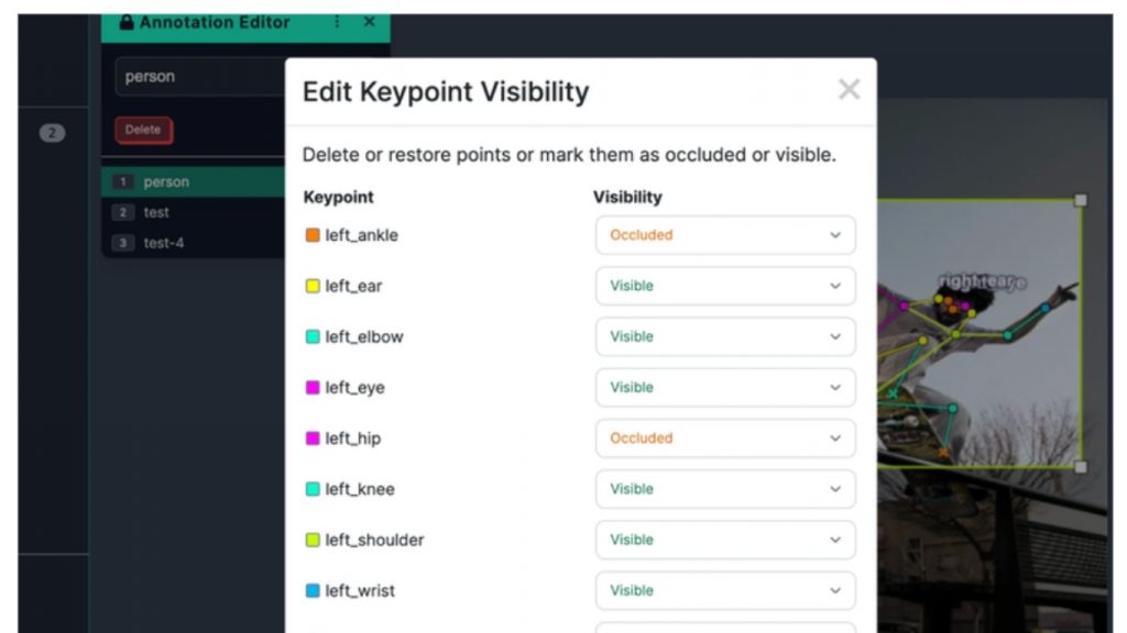 Bounding box kết hợp keypoints trong Roboflow.