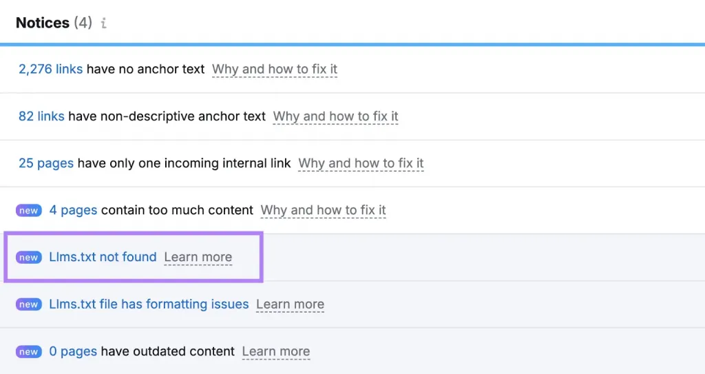 kiểm tra tệp llms.txt trong semrush