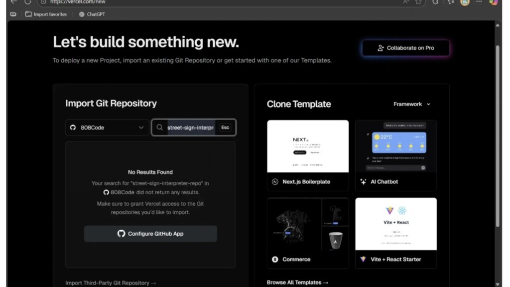 Giao diện lúc cài đặt Vercel truy cập các dự án