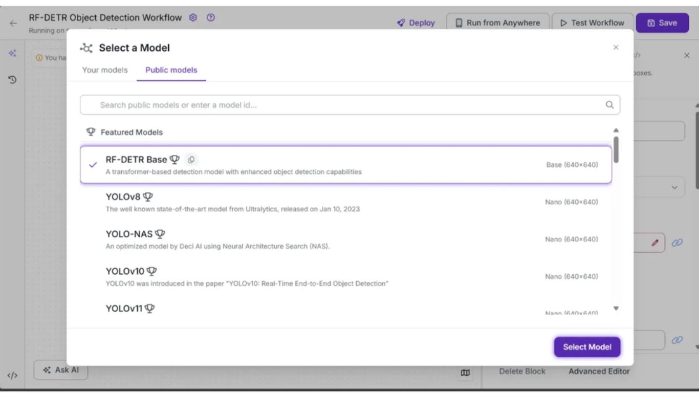 Roboflow hiển thị tất cả các mô hình phát hiện đối tượng có sẵn