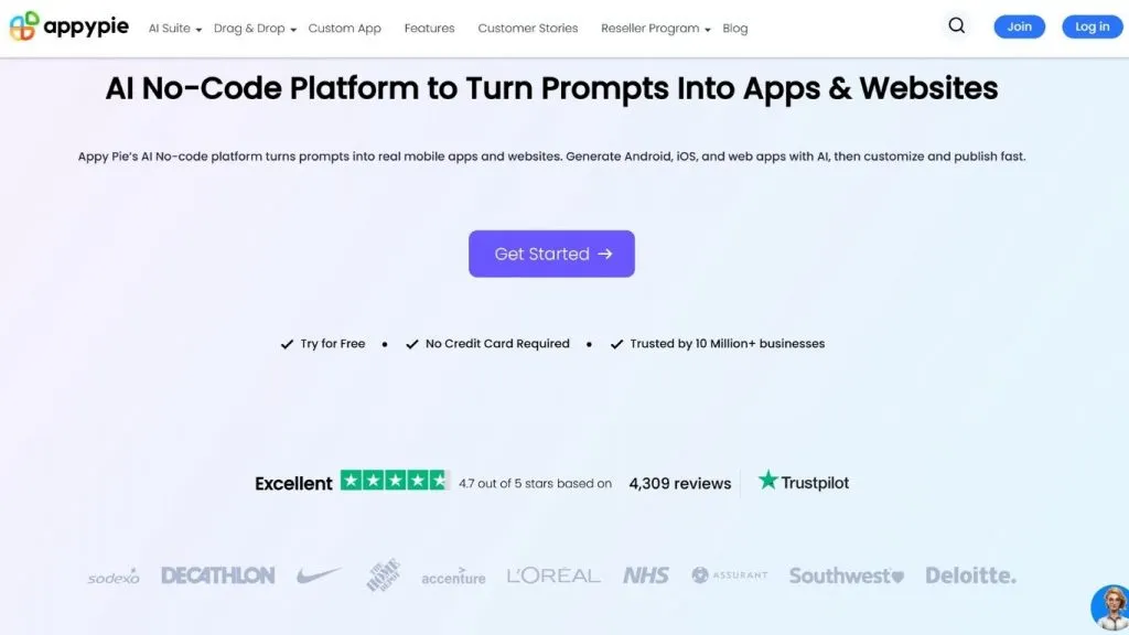 AppyPie là nền tảng AI thiết kế website và app không cần code