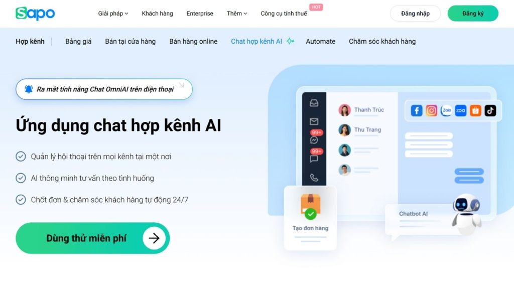 nền tảng chatbot AI bán hàng tích hợp quản lý đơn hàng, kho và khách hàng