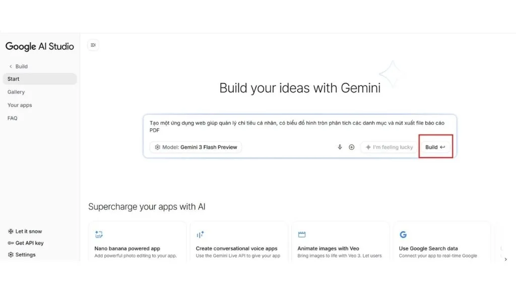 Nhập mô tả ý tưởng trong Google AI Studio để tạo ứng dụng AI với vibe coding