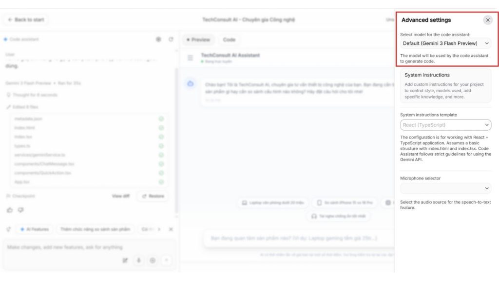 chọn model Gemini Google AI Studio