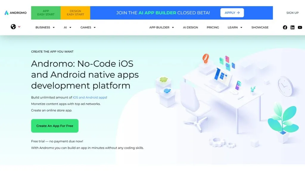Công cụ tạo app bằng AI Android iOS Andromo