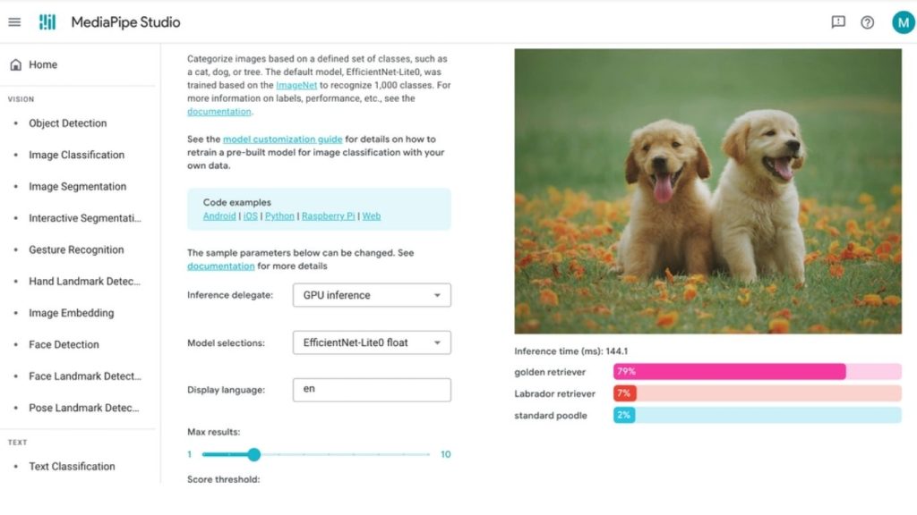 Ảnh chụp màn hình công cụ thị giác máy tính không cần code MediaPipe Studio 