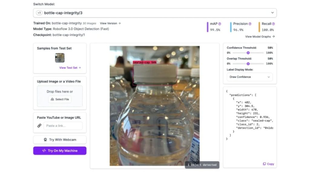 Kết quả đầu ra phát hiện chất lượng đóng nắp chai từ Roboflow 