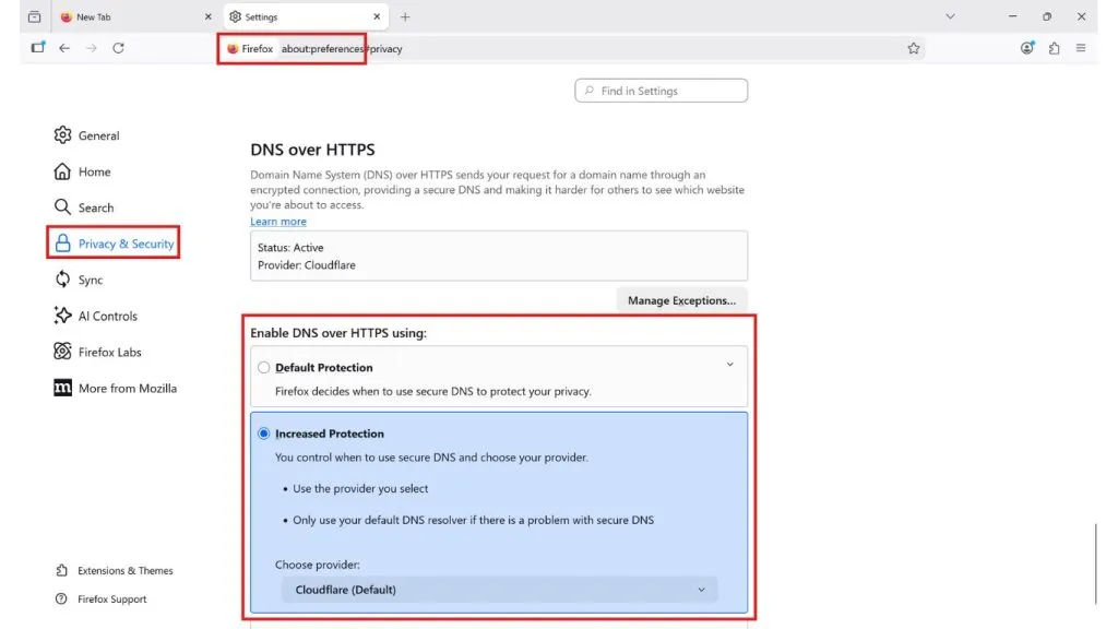 kích hoạt DoH qua Mozilla Firefox