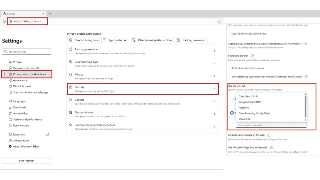 kích hoạt DoH qua Microsoft Edge