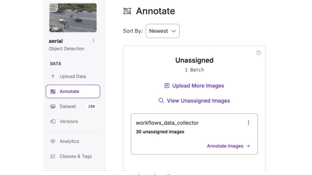 Giao diện quản lý hình ảnh chưa gán nhãn trong quy trình Human-in-the-Loop trên Roboflow