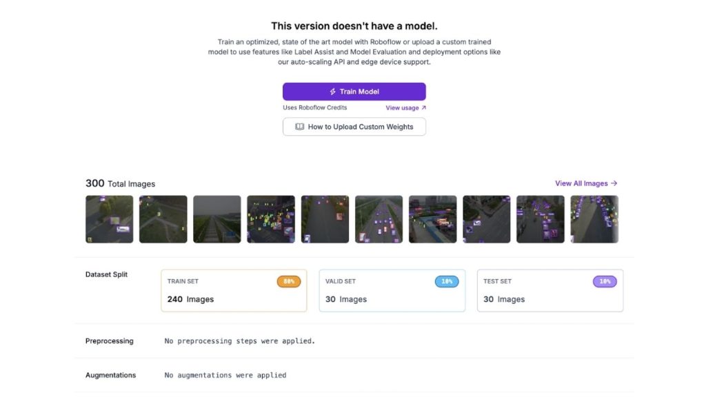 Ảnh chụp màn hình cấu trúc phân chia bộ dữ liệu trên Roboflow với 300 hình ảnh được chú thích trong quy trình Human-in-the-Loop