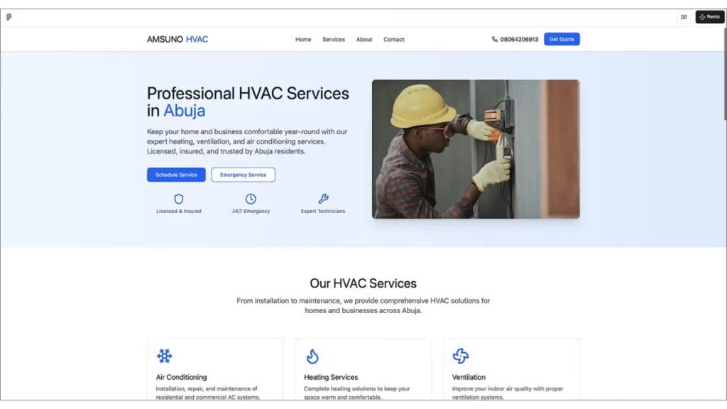 mẫu website AI dành cho Công ty dịch vụ HVAC