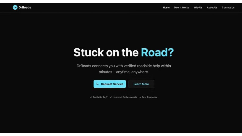 mẫu website AI dành cho Trang chủ dịch vụ cứu hộ đường bộ DrRoads