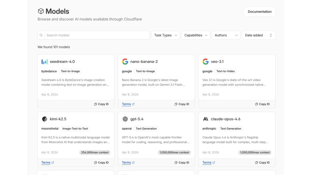Cloudflare AI Platform hiển thị danh sách nhiều mô hình AI