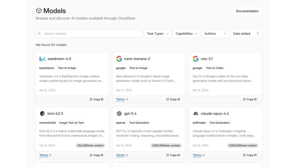 Cloudflare AI Platform hiển thị danh sách nhiều mô hình AI