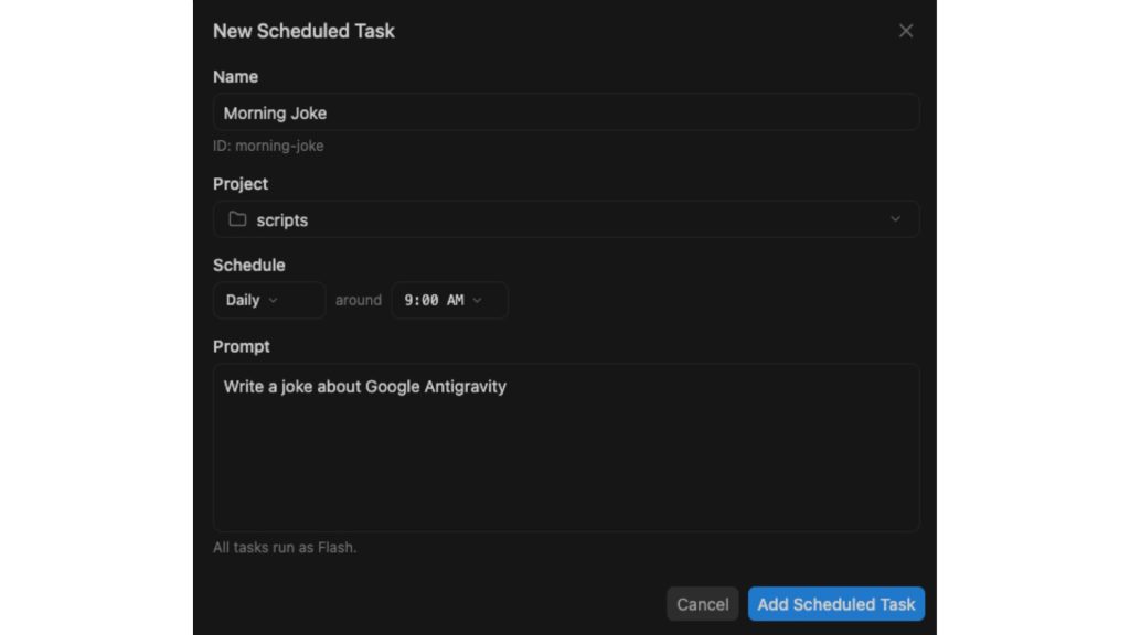 Giao diện Scheduled Tasks của Google Antigravity