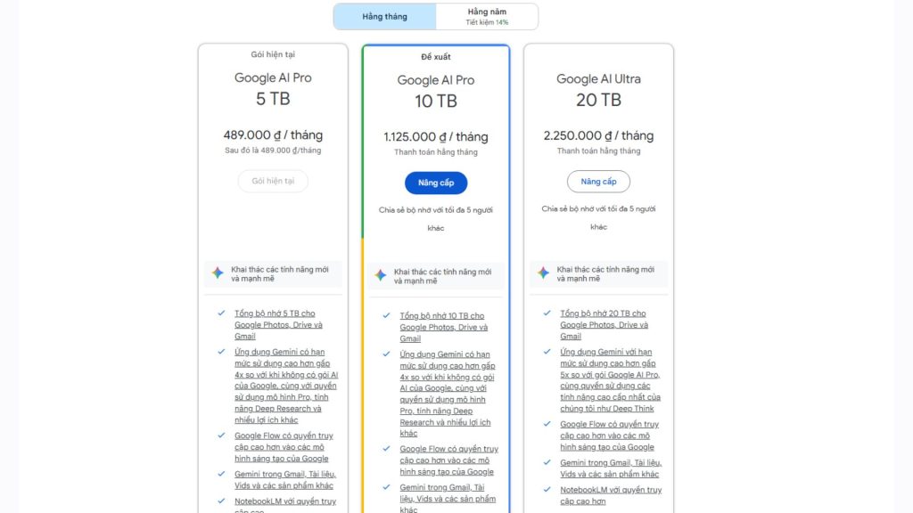 các gói dịch vụ đăng ký trả phí mới của google