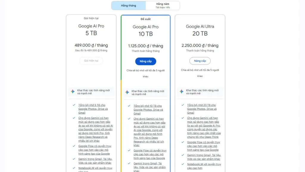 các gói dịch vụ đăng ký trả phí mới của google