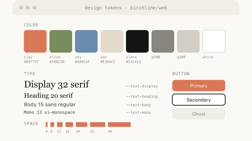 Giao diện HTML hiển thị design tokens, typography, màu sắc và component button trong design system