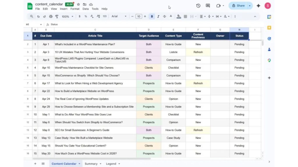  mở lịch biên tập trong google sheet