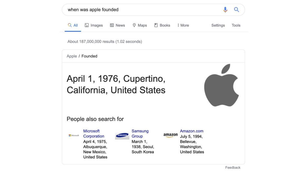 Ảnh chụp kết quả tìm kiếm Google với truy vấn “when was apple founded”