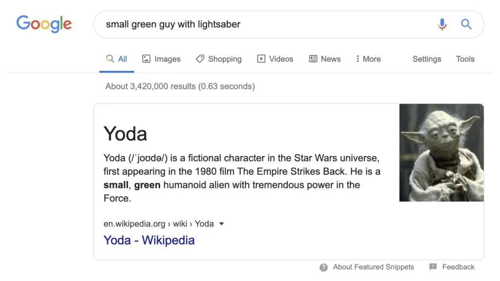 Kết quả tìm kiếm Google với truy vấn “small green guy with lightsaber”, hiển thị thông tin nhân vật Yoda từ Star Wars.