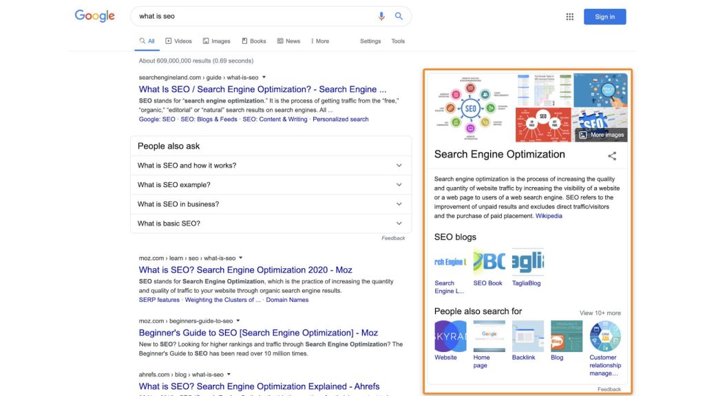Kết quả tìm kiếm Google cho truy vấn “what is seo” với Knowledge Panel về Search Engine Optimization.