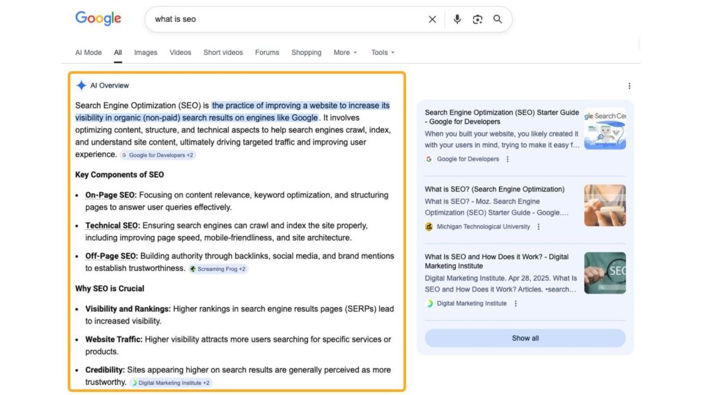 Google AI Overview trả lời trực tiếp truy vấn SEO ngay trên SERP.