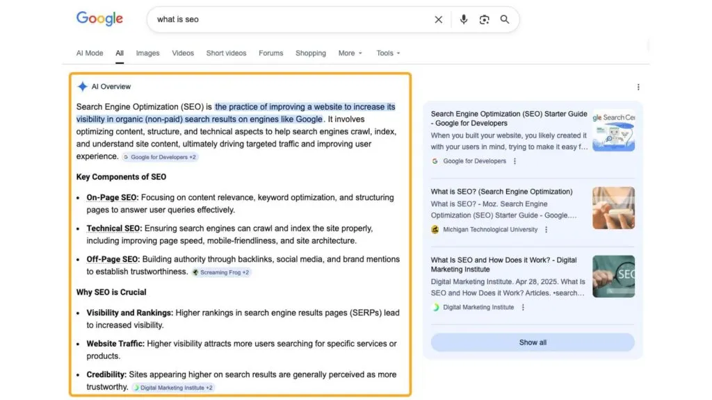 Google AI Overview trả lời trực tiếp truy vấn SEO ngay trên SERP.
