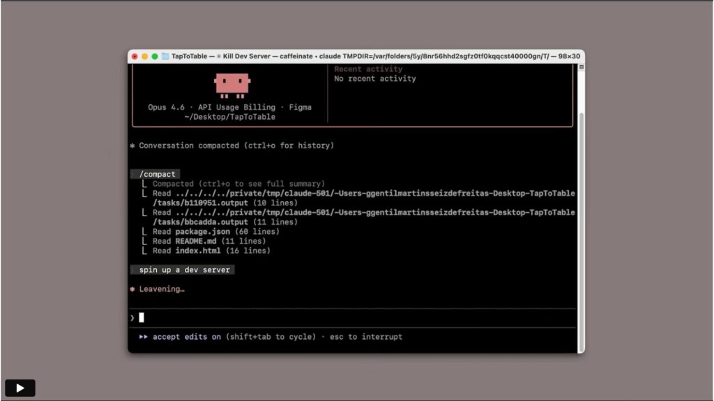 Giao diện terminal của Claude Code đang chạy công cụ Opus 4.6 kết nối với Figma và khởi chạy môi trường dev server.