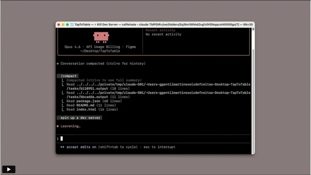 Giao diện terminal của Claude Code đang chạy công cụ Opus 4.6 kết nối với Figma và khởi chạy môi trường dev server.