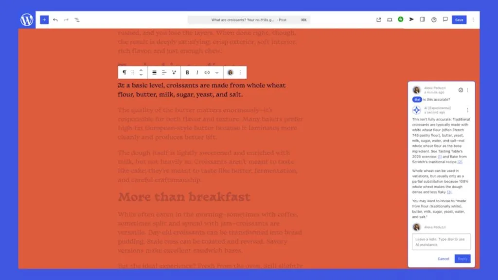trợ lý ai của wordpress trong ghi chú khối
