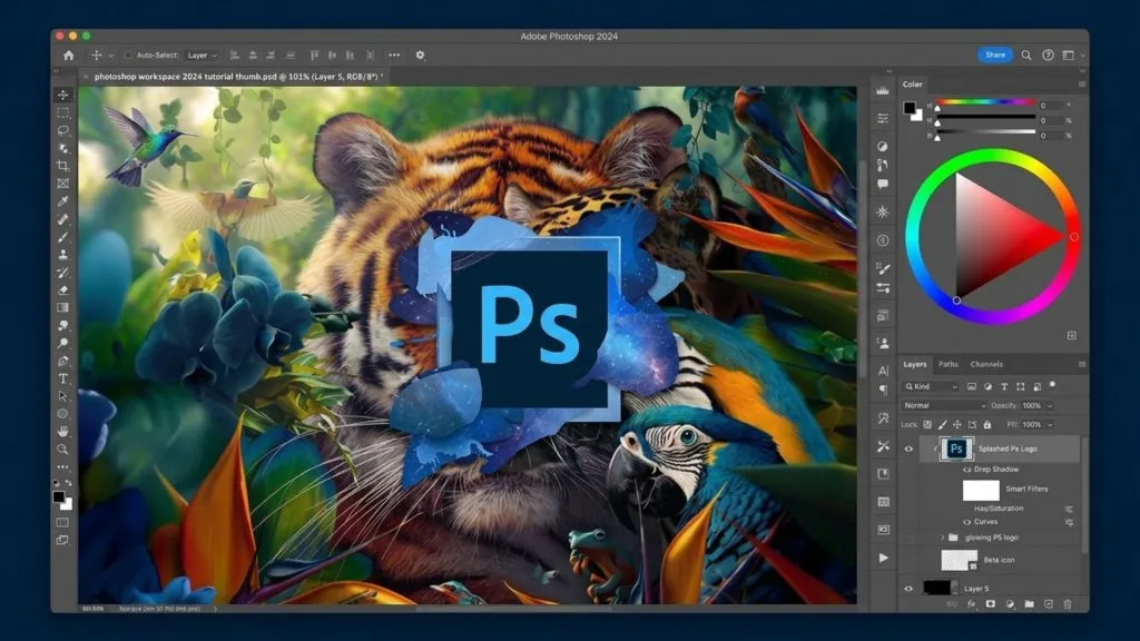 Giao diện làm việc thực tế và bảng quản lý layer trên ứng dụng thiết kế đồ họa Adobe Photoshop