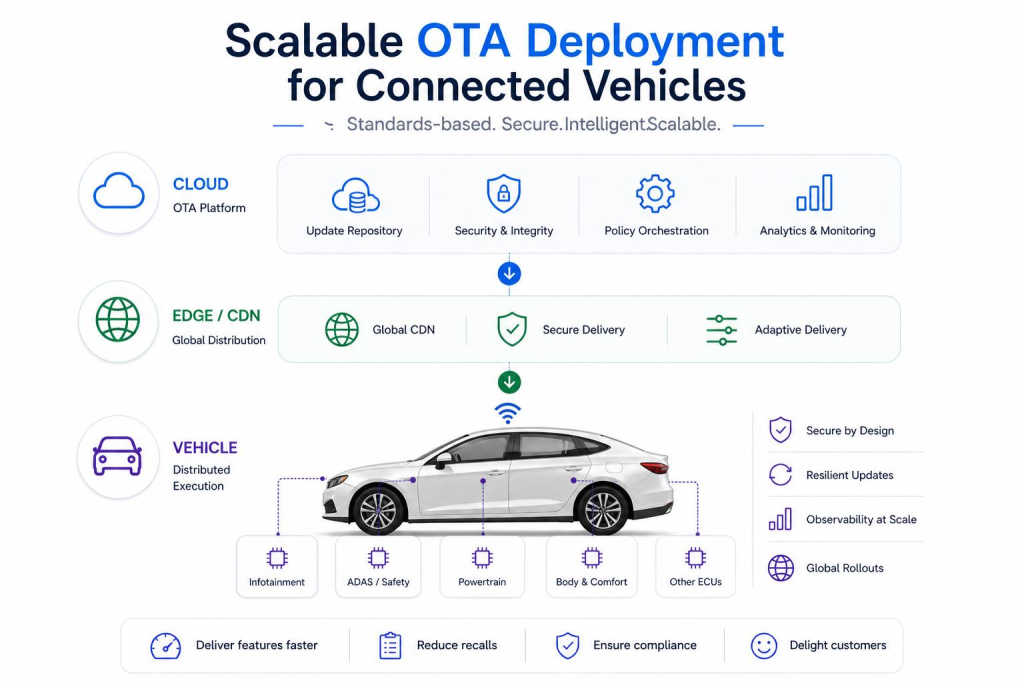 OTA updates enable secure, remote software deployment for connected vehicles throughout their lifecycle.