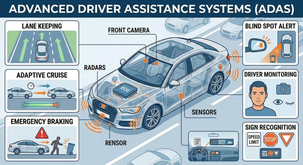 Advanced Driver Assistance Systems (ADAS) use cameras, radar, and sensors to detect hazards, assist drivers in real time, and improve road safety through intelligent driving features.