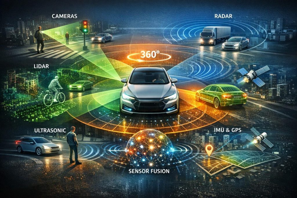 Autonomous driving software combines data from cameras, LiDAR, radar, ultrasonic sensors, and GPS to perceive the surrounding environment and enable safe, real-time driving decisions. 