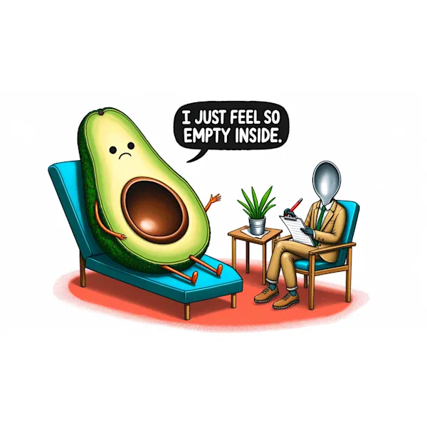 Cartoon avocado lying on a therapist's couch, saying that it feels empty inside