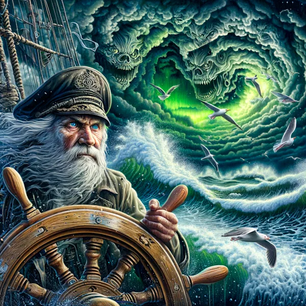 Bearded sea captain steering a ship's wheel under storm clouds shaped like skulls
