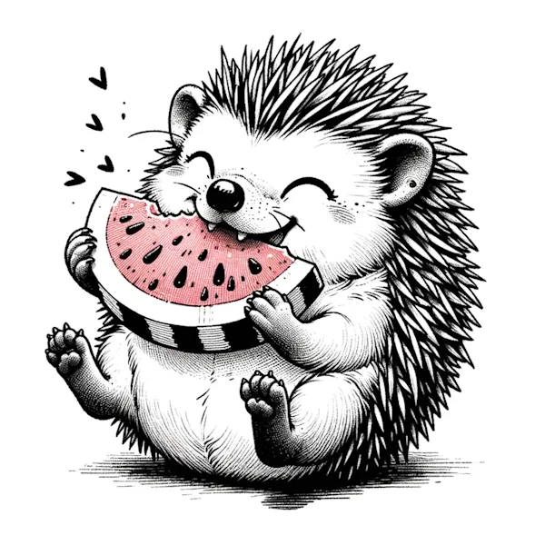 Pen-and-ink hedgehog eating a slice of watermelon, the melon the only coloured element