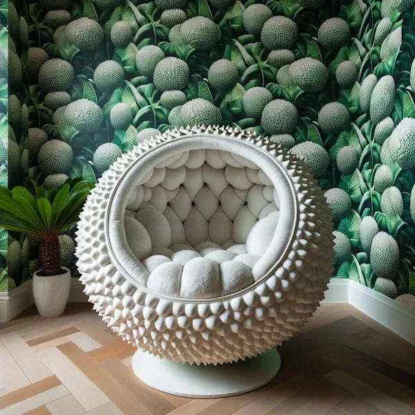 Spiked white armchair shaped like a tropical fruit shell, in a room with matching wallpaper