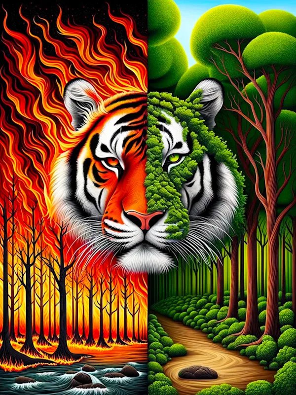 Tiger's face split down the middle between a burning forest and a green forest