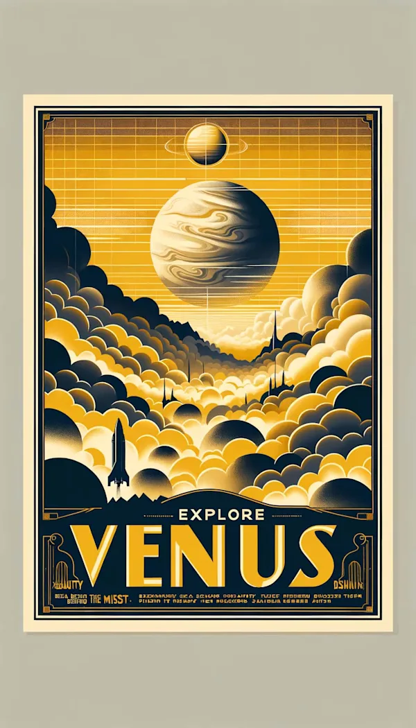 Art Deco travel poster reading EXPLORE VENUS, with the smaller text below it garbled
